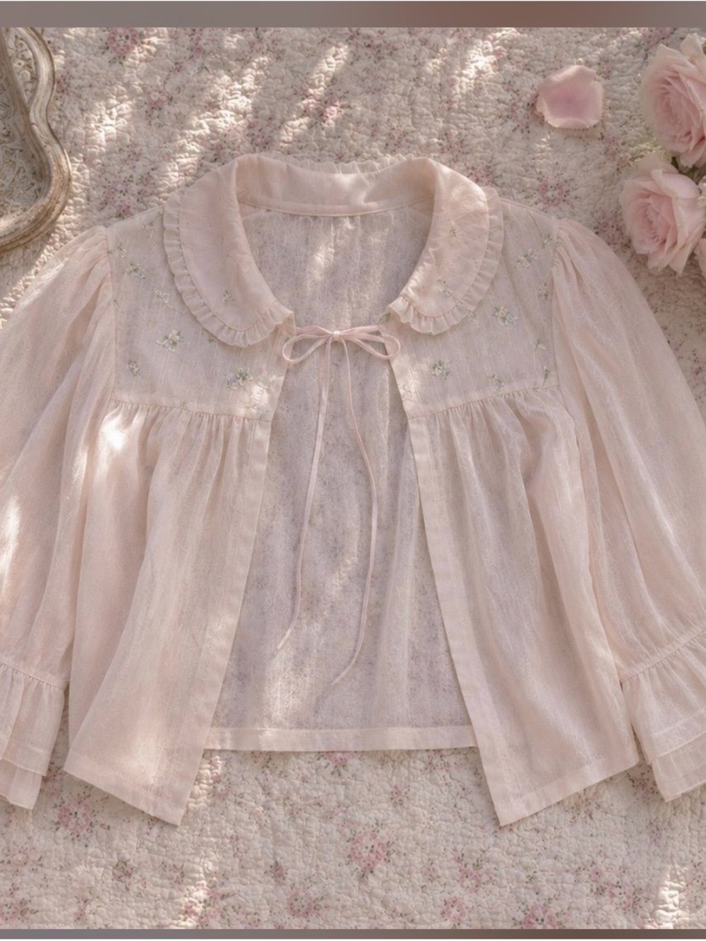 Delicate Pale Pink Ruffle-Collar Jacket